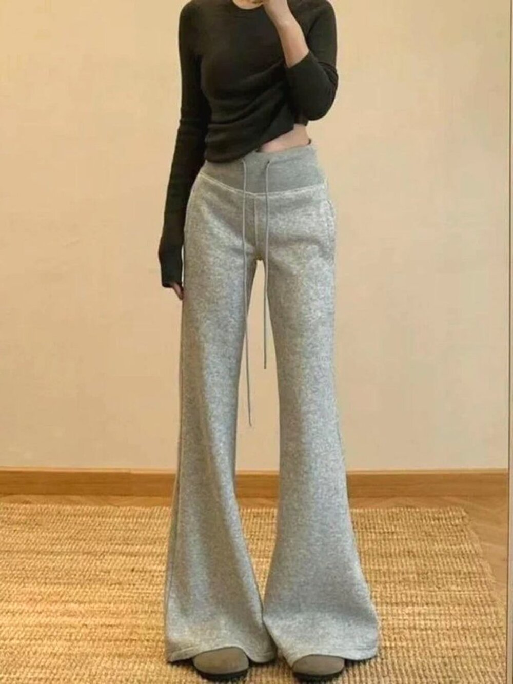 Gray Flare Sweatpants High Waist Drawstring Wide Leg